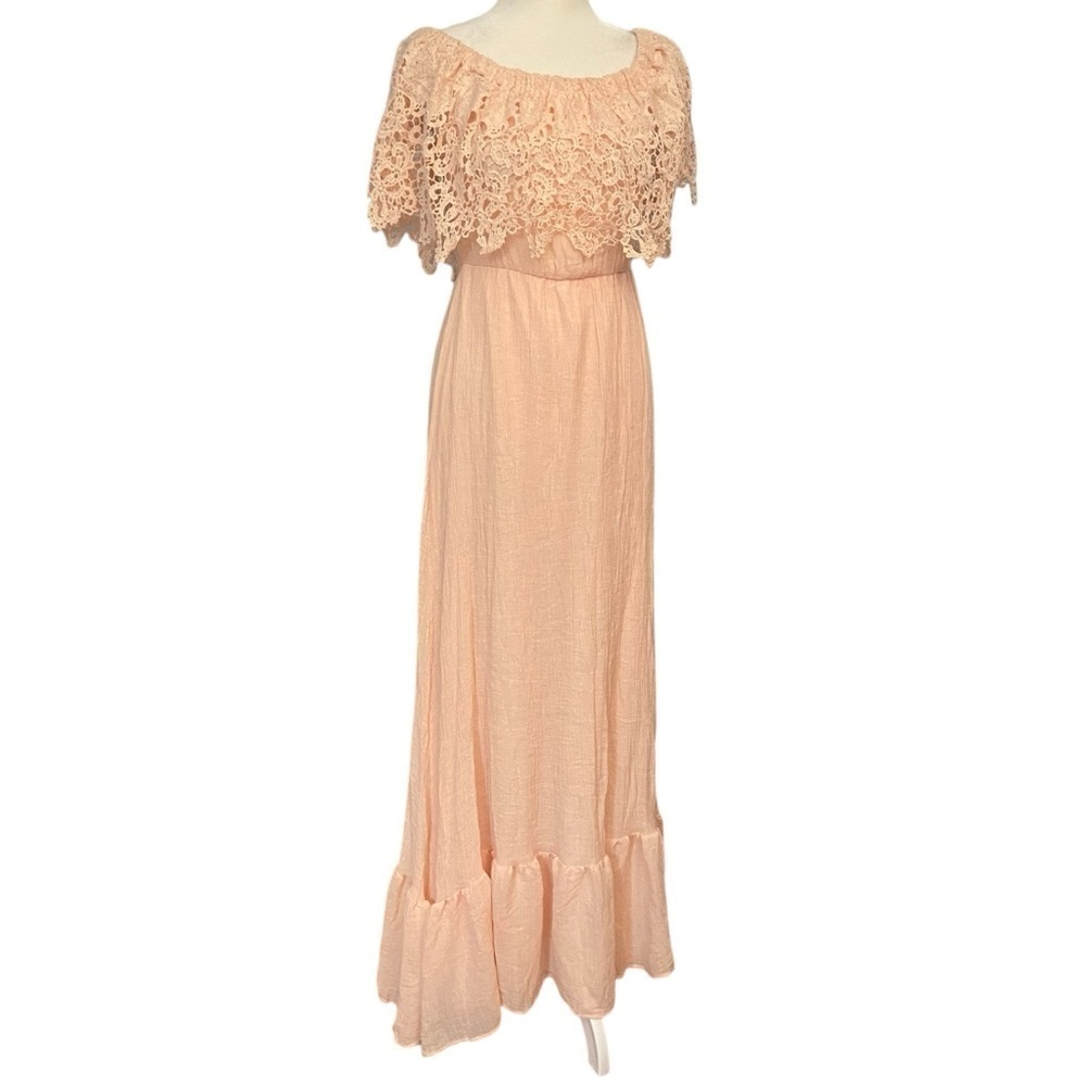 Dress Day Peasant Gauzy Maxi Dress Size S Pink Crochet Neck Boho Hippie 70s Airy